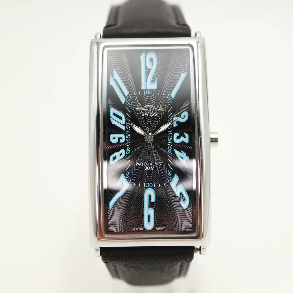 Activa Swiss Black Blue Tall Tank 26mm Unisex Watch Leather Strap w New Battery